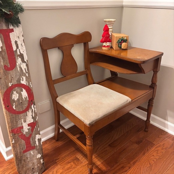 Vintage Gossip Bench Wooden Chair Desk Storage Shelf Telephone Table Tan cushion